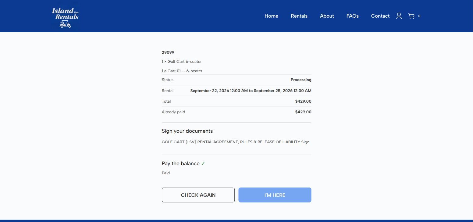 Check-in screen after payment showing status Processing, 429 dollars already paid, Pay the balance ticked as Paid, and the I'm here button still greyed out