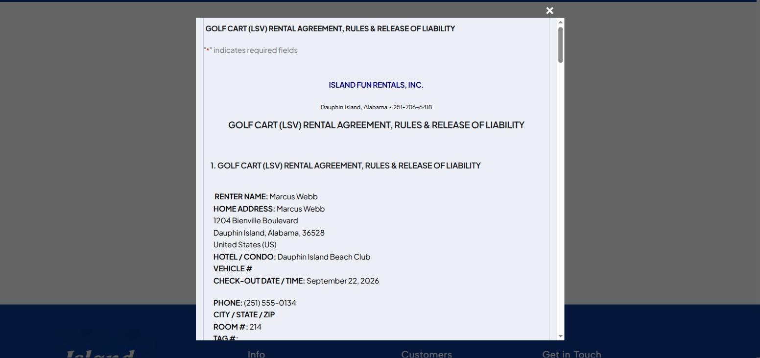 The golf cart rental agreement open inside the check-in screen with renter name, address, hotel, room number and check-out date already merged in