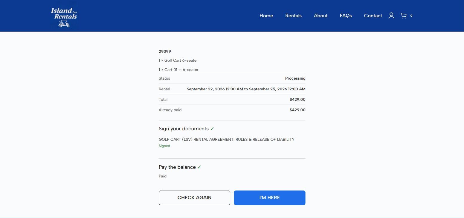 Check-in screen with both Sign your documents and Pay the balance ticked and the I'm here button now enabled