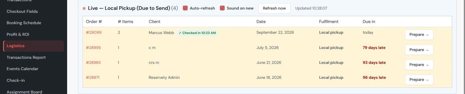 Live local pickup panel in the Logistics dashboard with order 29099 for Marcus Webb carrying a green Checked in 10:23 AM badge and a Prepare button