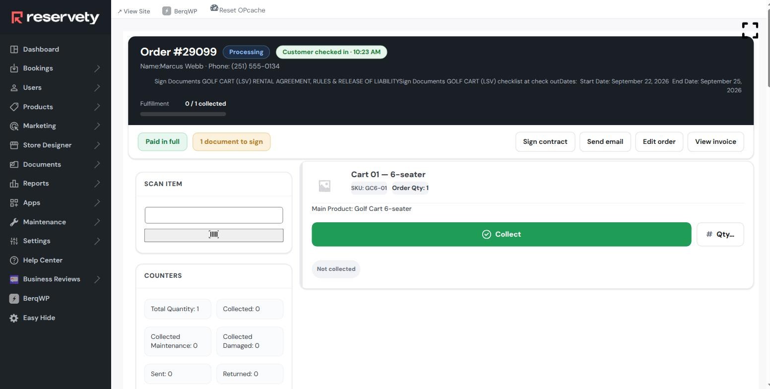 Prepare order screen for order 29099 showing Processing status, a Customer checked in 10:23 AM pill, Paid in full and 1 document to sign badges, and the assigned Cart 01 6-seater with SKU GC6-01