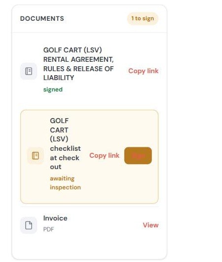 Documents card showing the rental agreement signed and the check-out checklist marked awaiting inspection with a sign button