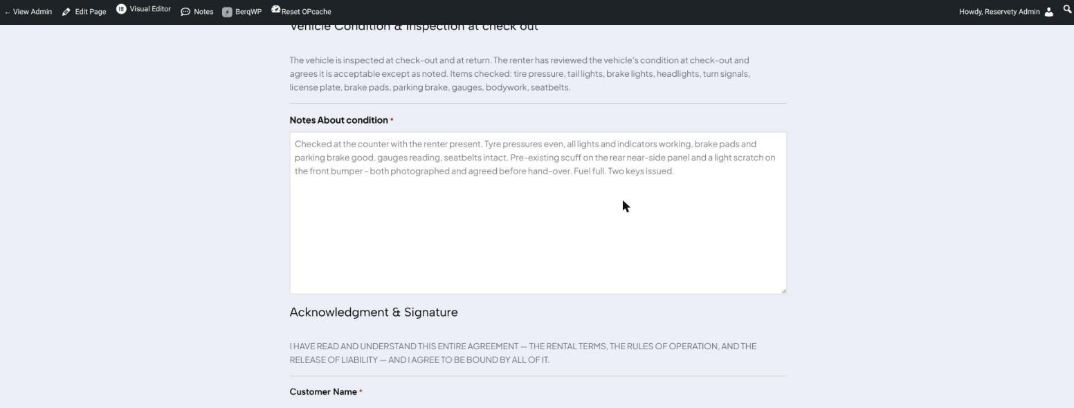 Check-out condition form with staff notes describing tyre pressures, working lights, a pre-existing rear scuff and front bumper scratch, full fuel and two keys issued