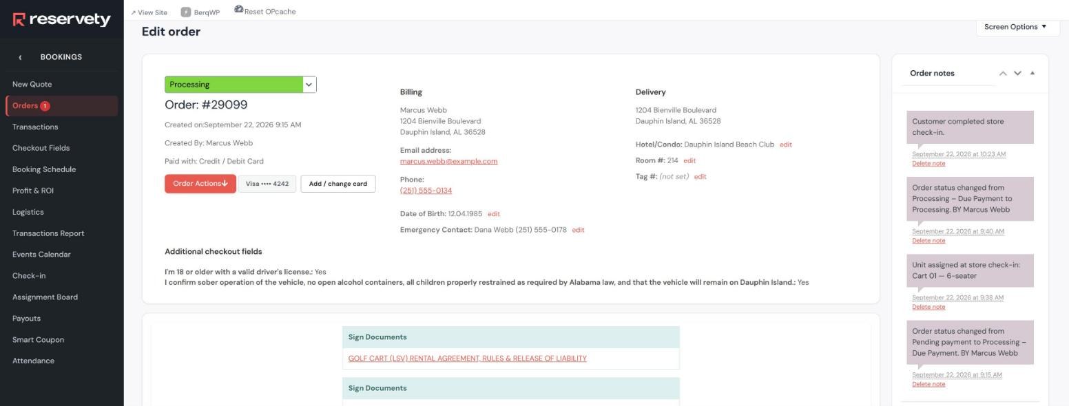 Order edit screen for 29099 showing billing details, checkout consent answers, card on file, and order notes recording the unit assignment, the payment and the completed store check-in