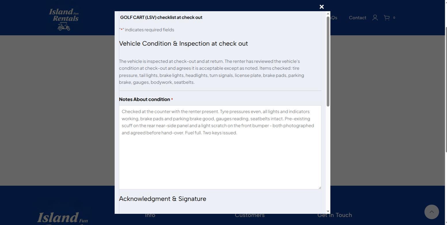 The renter's copy of the check-out condition form opened on their phone with the staff condition notes already filled in