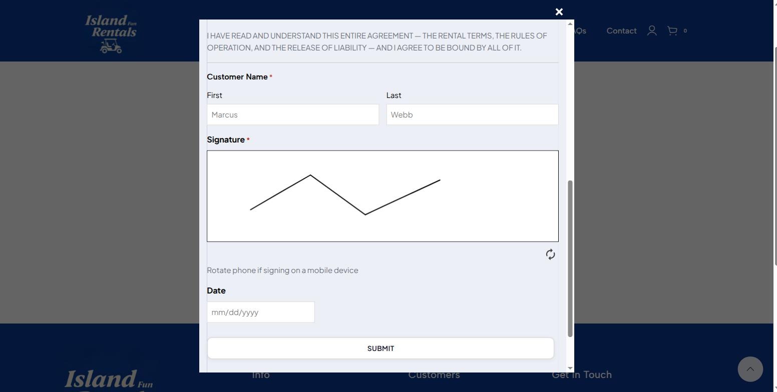 The renter signing the condition form on the kiosk with their name filled in