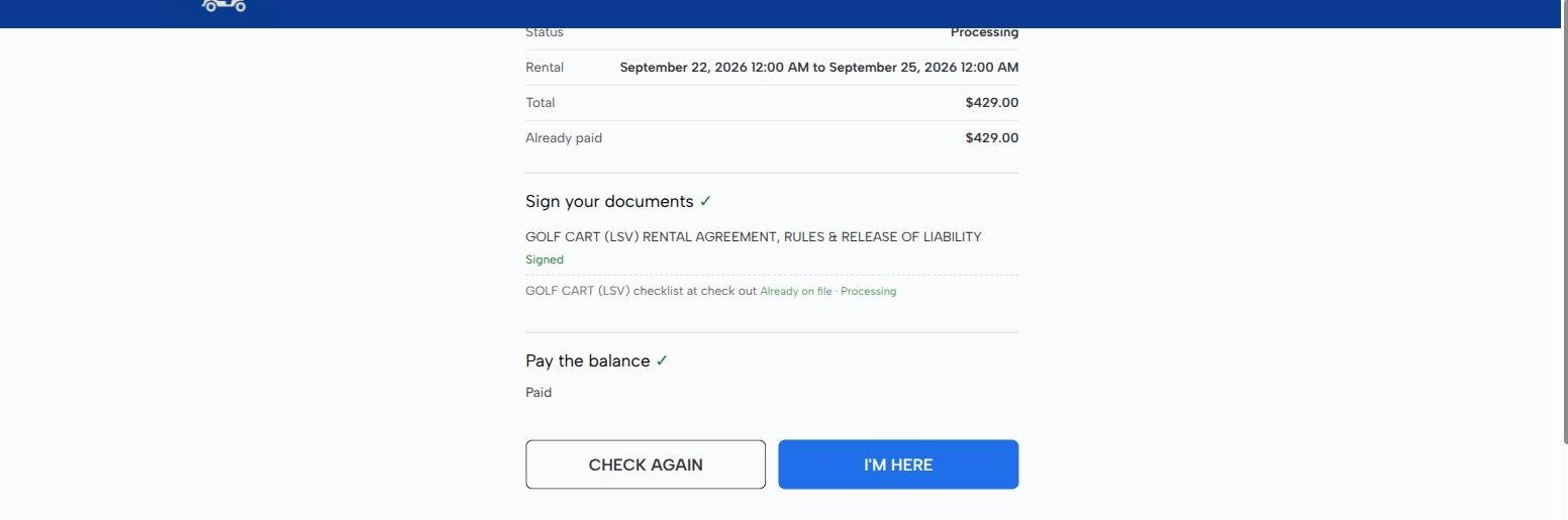 Check-in screen with documents ticked, the check-out checklist moved to already on file, and the balance paid