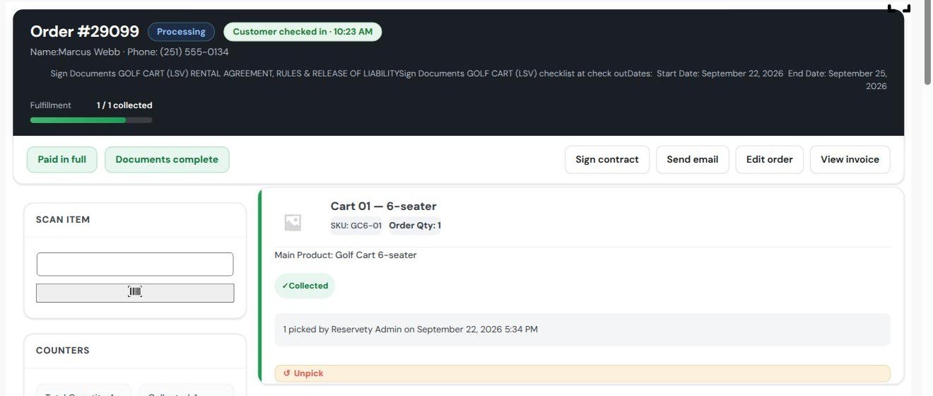 Prepare screen showing 1 of 1 collected with a note reading 1 picked by Reservety Admin on September 22 2026