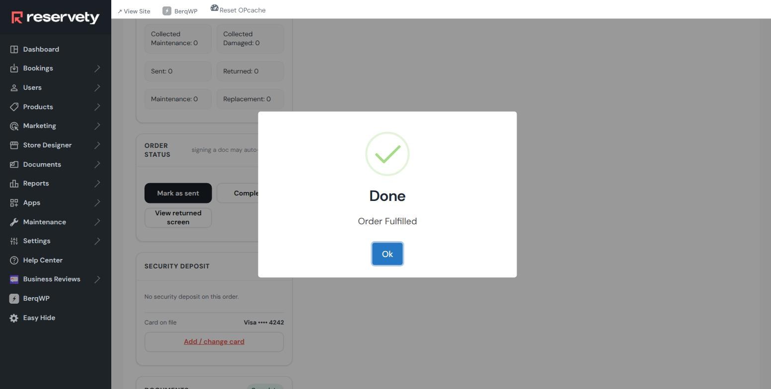 In-page confirmation dialog reading Done, Order Fulfilled, after Mark as sent