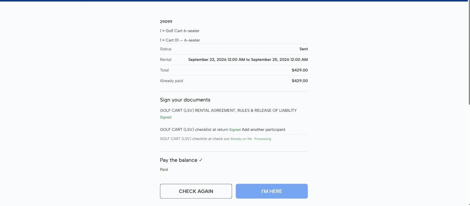 Check-in screen with status Sent, the return checklist listed for signature and the check-out checklist already on file