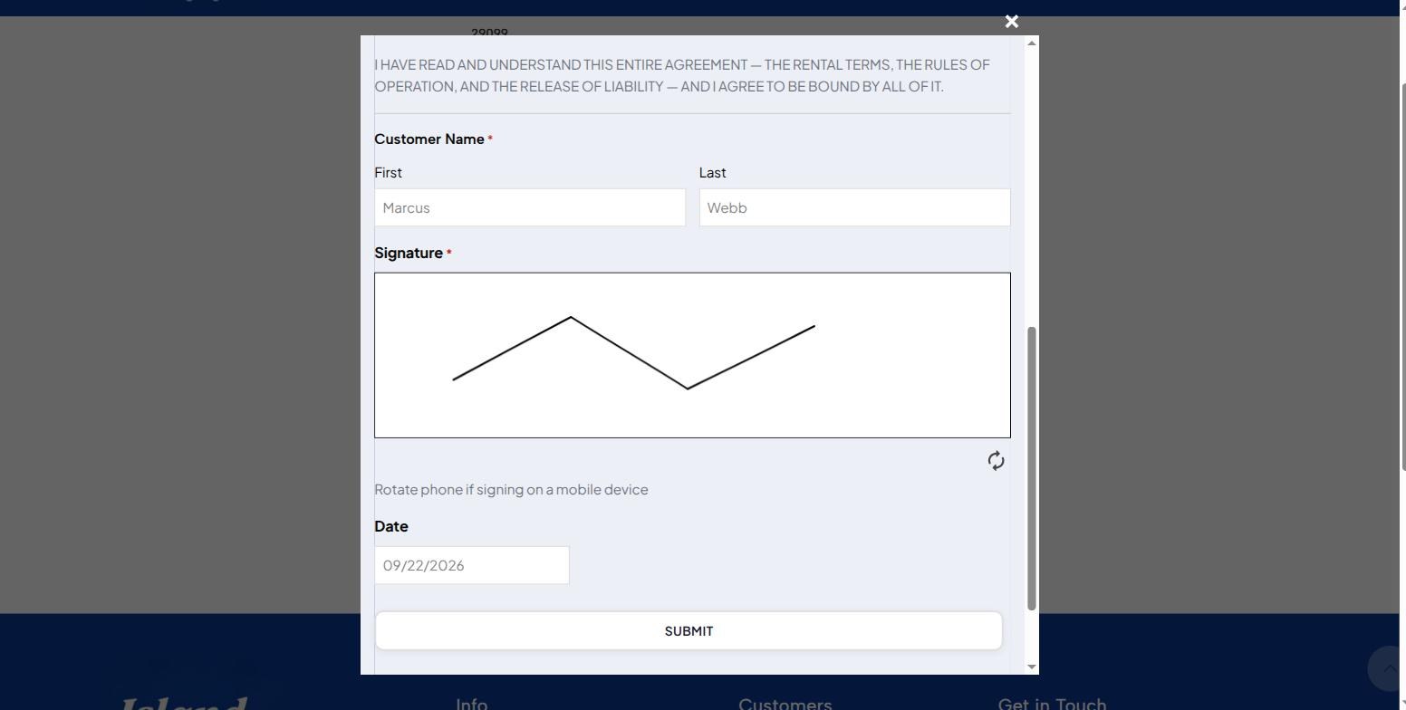 The renter signing the return condition form inside the check-in screen