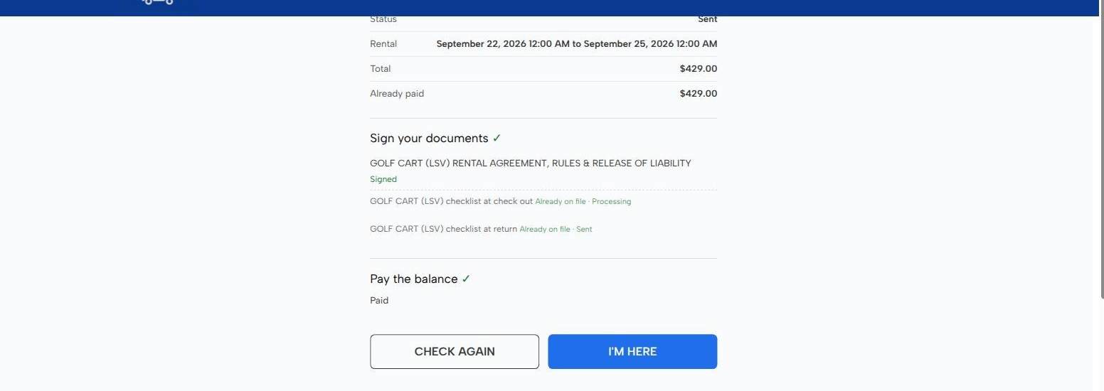 Check-in screen showing both the check-out and return checklists as already on file with the statuses they were signed under