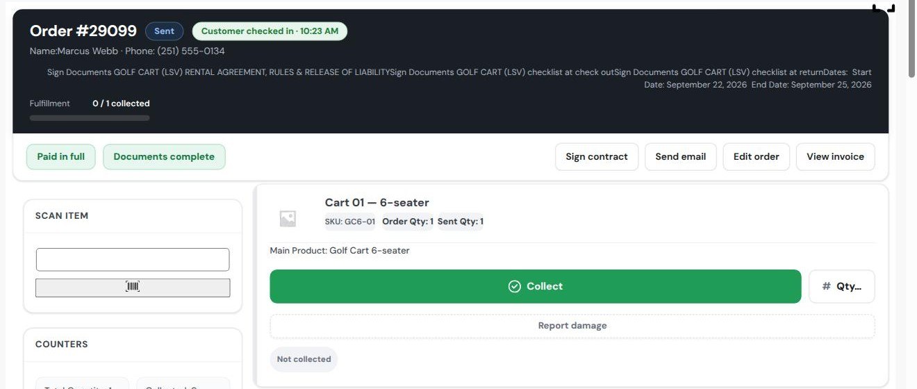 Prepare screen in Sent status showing Sent Qty 1, Collect and Report damage buttons, and Documents complete