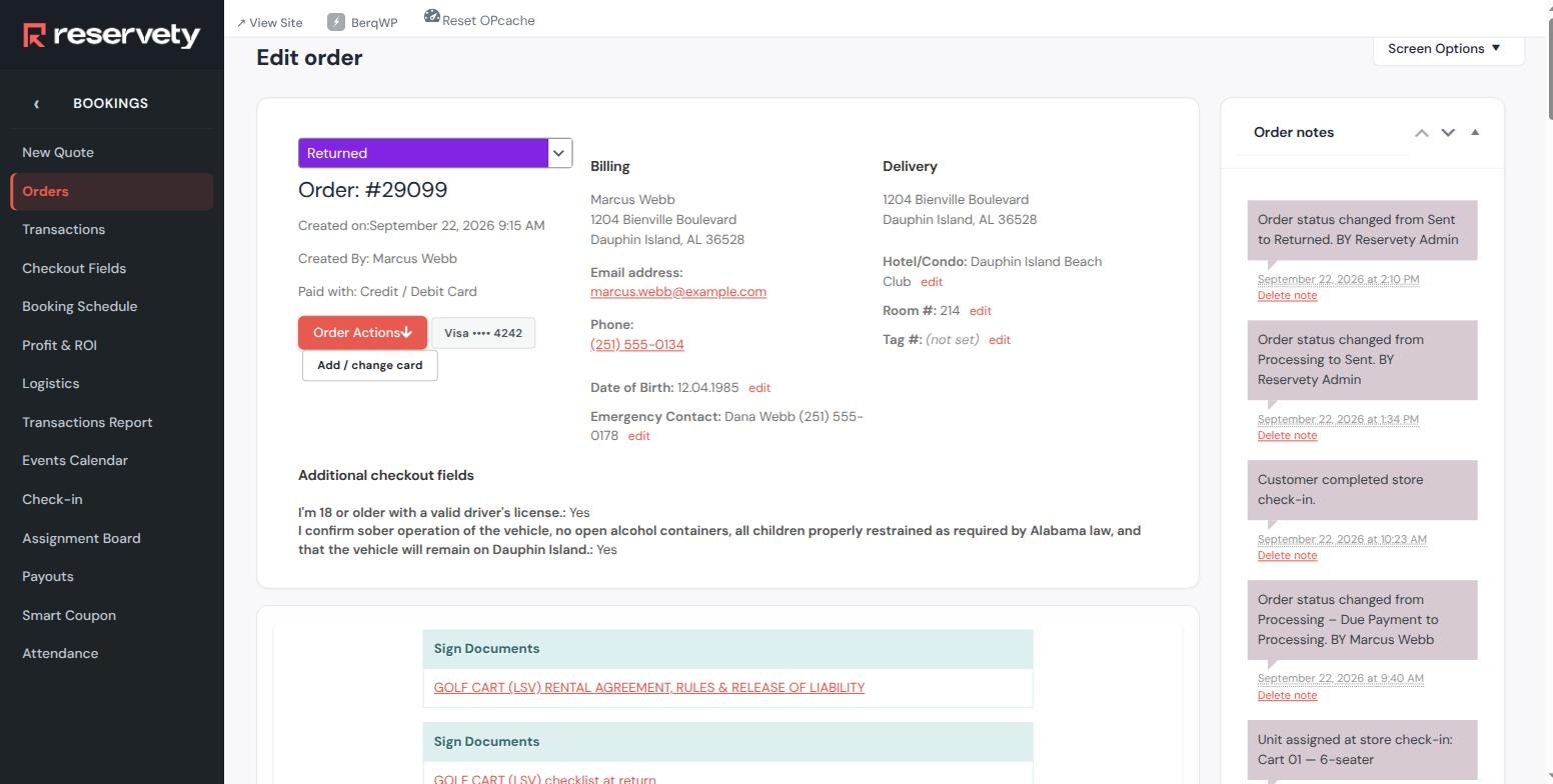 Order 29099 in Returned status with order notes listing every step from pending payment through unit assignment, payment, check-in, sent and returned