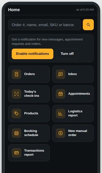 Staff app home screen with search box and notification prompt