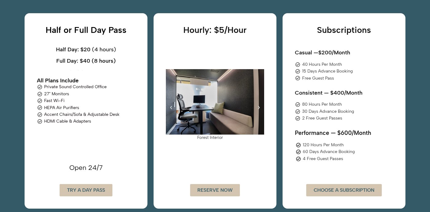 FocusHub pricing: day passes, hourly rate, and three monthly subscription tiers