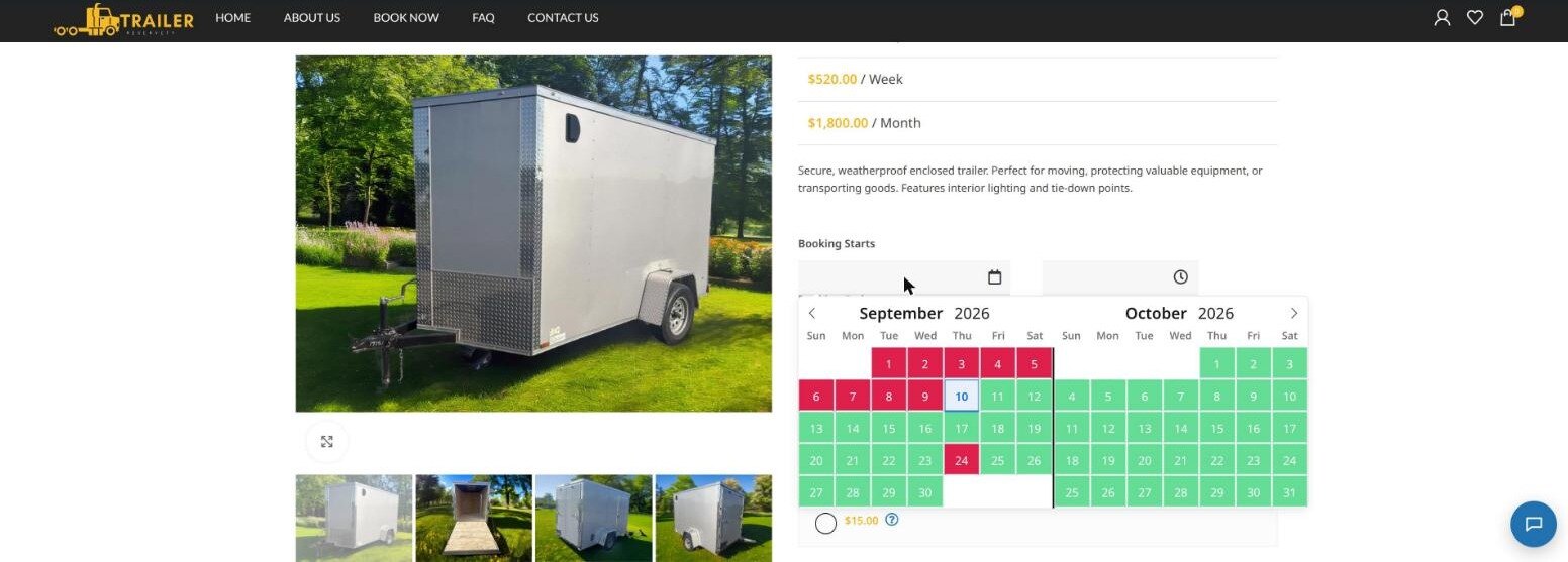 Two month availability calendar for the trailer with unavailable days in red and available days in green