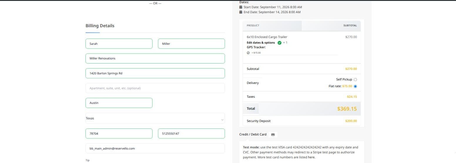 Checkout page with delivery selected at 75 dollars, a total of 369.15 and a separate 200 dollar security deposit line