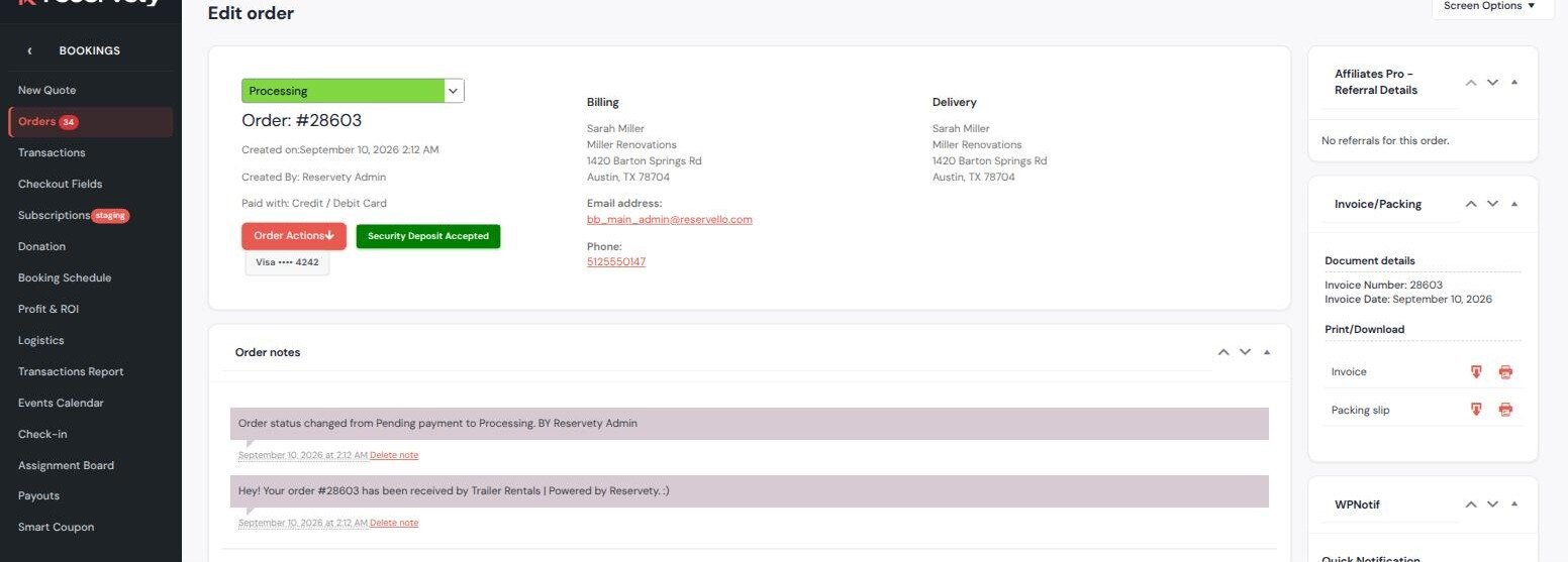Admin order screen for order 28603 showing status processing and a security deposit accepted badge against a Visa card