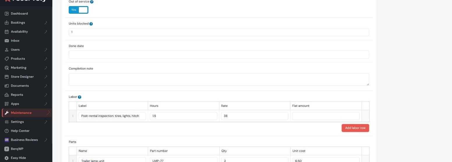 Saved work order showing the labour line with an hourly rate of 38 dollars filled in automatically