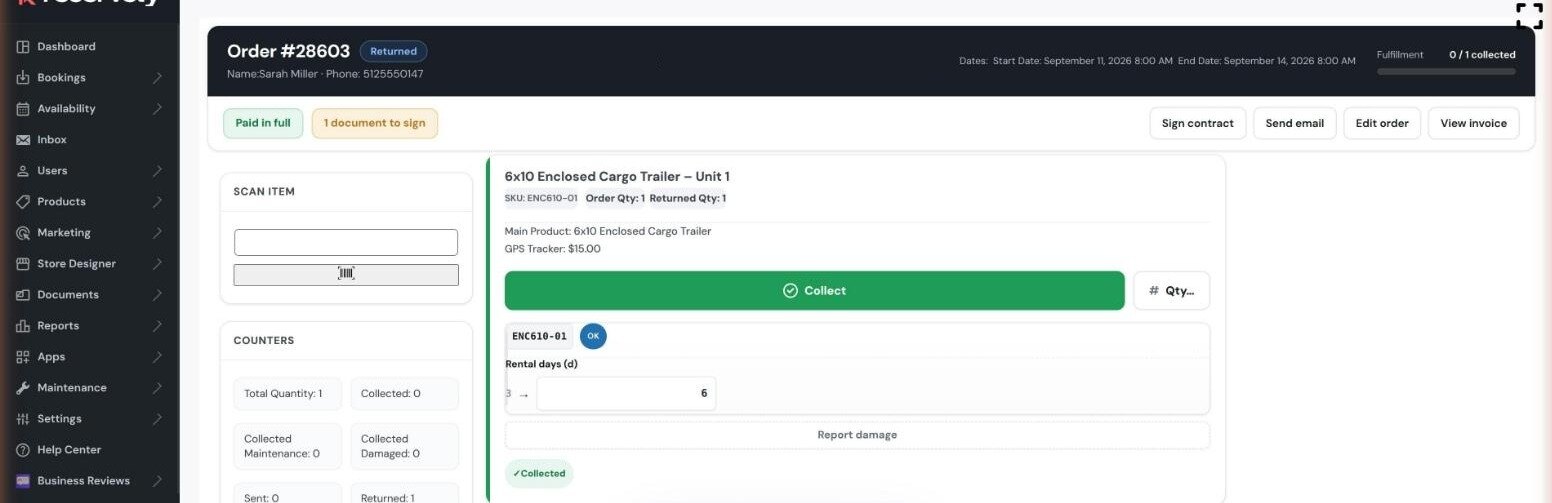 Job screen with status Returned, the return inspection checklist to sign and a recorded reading of three rental days