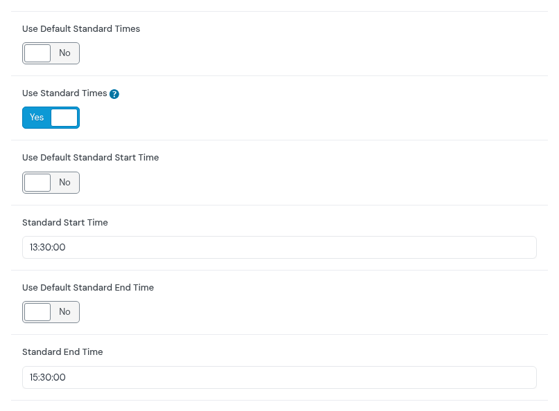 Product fields: Use Default Standard Times No, Use Standard Times Yes, Use Default Standard Start Time No, Standard Start Time 13:30:00, Use Default Standard End Time No, Standard End Time 15:30:00