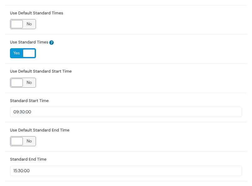 Product fields of the all-day lesson: Use Standard Times Yes, Standard Start Time 09:30:00, Standard End Time 15:30:00