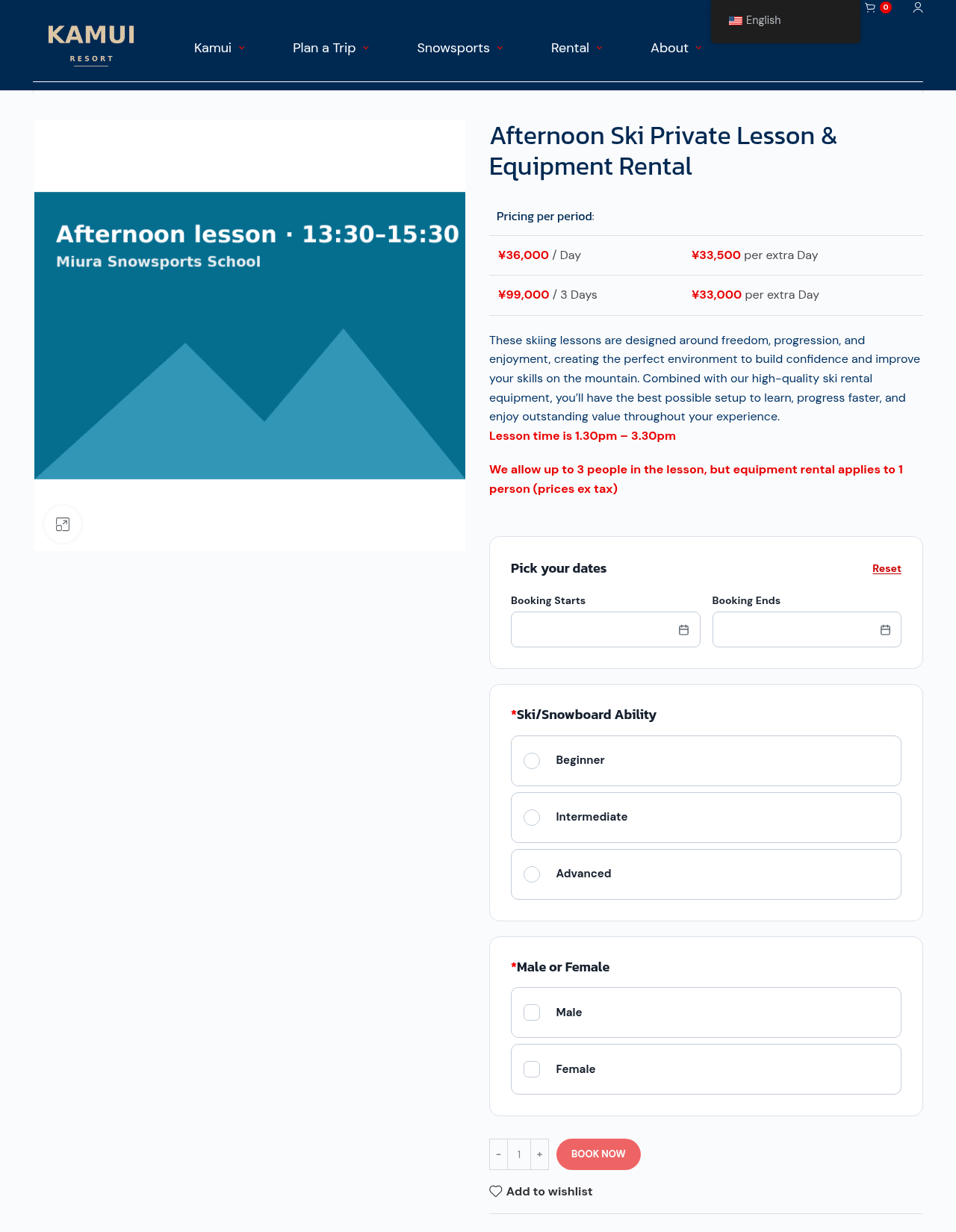 Shop page of the new Afternoon Ski Private Lesson and Equipment Rental: a placeholder image reading Afternoon lesson 13:30 to 15:30, the price table, the sentence Lesson time is 1.30pm to 3.30pm, the Pick your dates box with Booking Starts and Booking Ends, and the Ski/Snowboard Ability and Male or Female questions