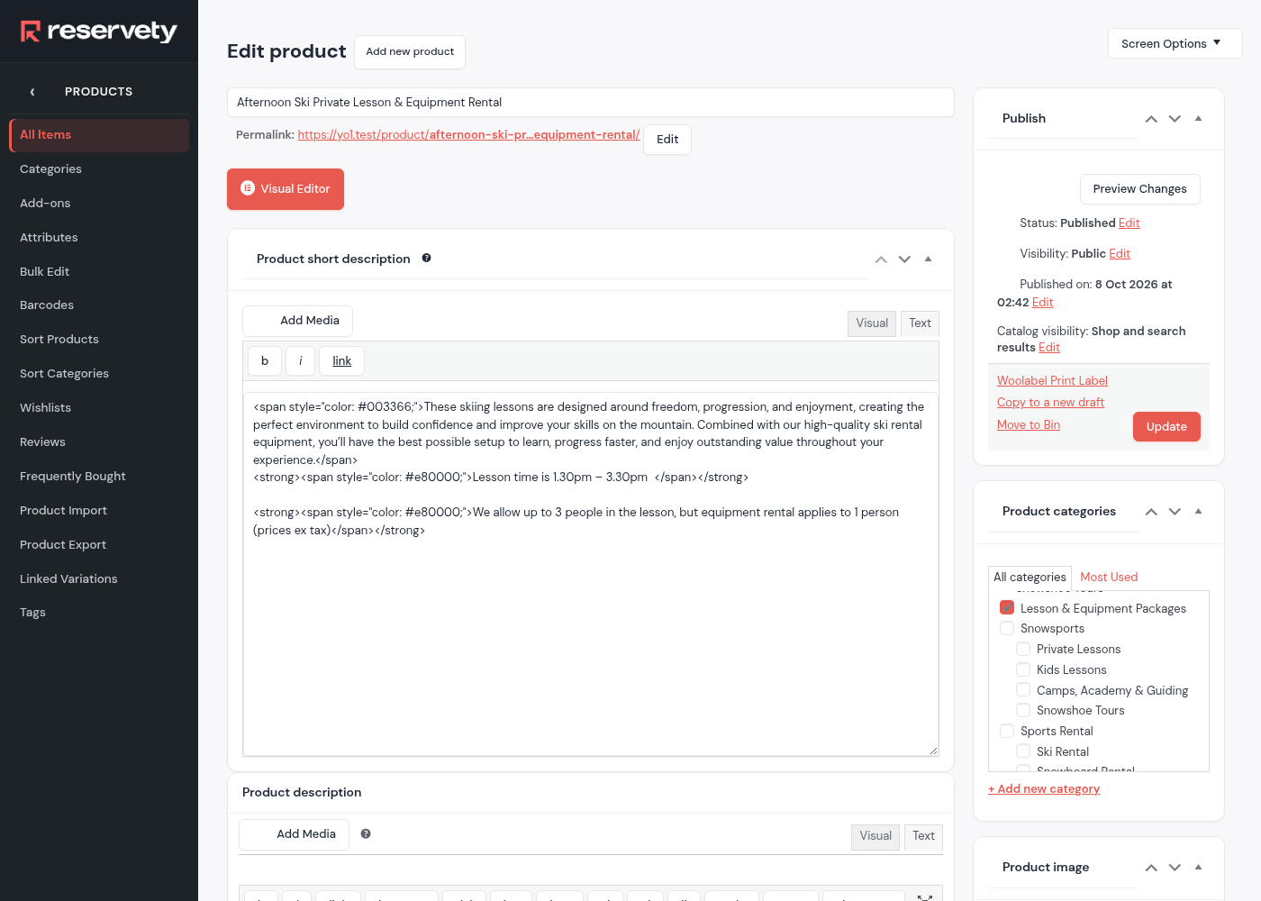 Edit product screen for Afternoon Ski Private Lesson and Equipment Rental: the title, the permalink, the short description with the sentence Lesson time is 1.30pm to 3.30pm, the Publish box, and Product categories with Lesson and Equipment Packages ticked