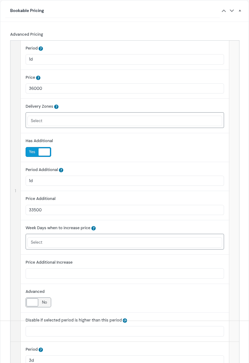 Bookable Pricing box, Advanced Pricing row 1: Period 1d, Price 36000, Has Additional Yes, Period Additional 1d, Price Additional 33500; row 2 begins with Period 3d