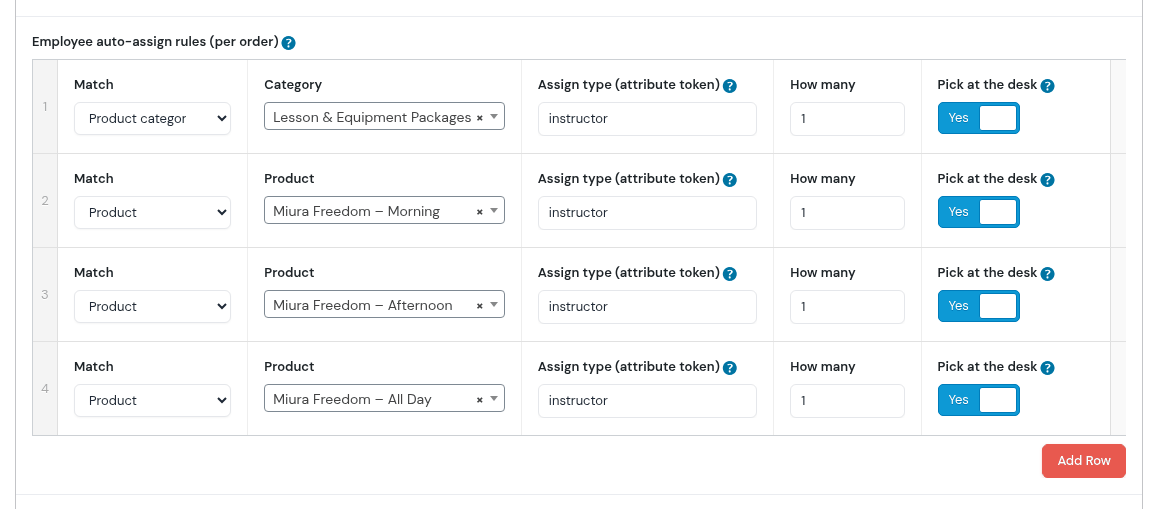 Employee auto-assign rules table with four rows: Product category Lesson and Equipment Packages, and Product Miura Freedom three times; each row has assign type instructor, how many 1 and Pick at the desk switched on