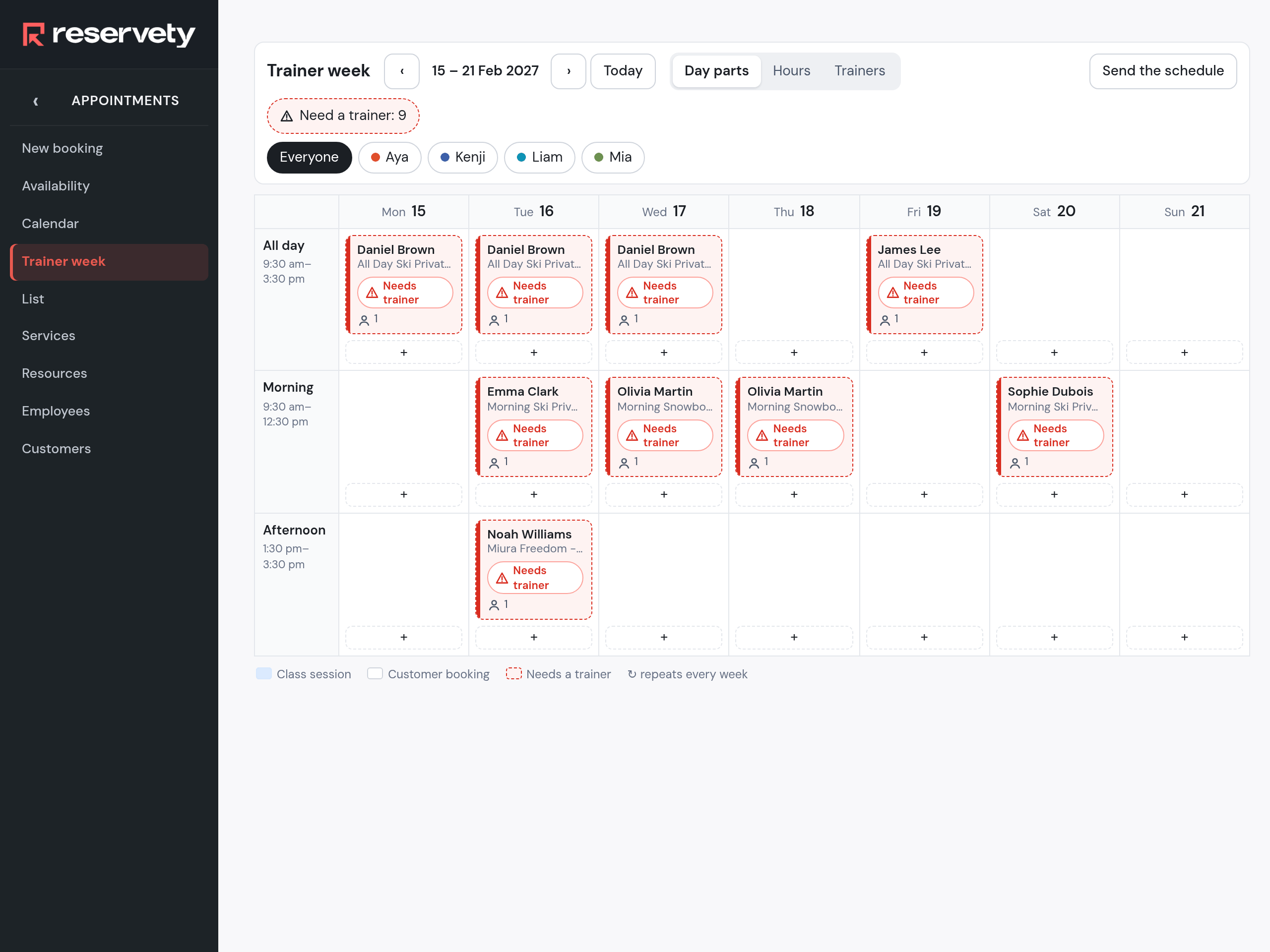 Trainer week 15 to 21 February 2027 before any assignment: Need a trainer 9, every card red, Daniel Brown three times in the All day row, Emma Clark, Olivia Martin twice and Sophie Dubois in the Morning row, Noah Williams in the Afternoon row, James Lee all day on Friday