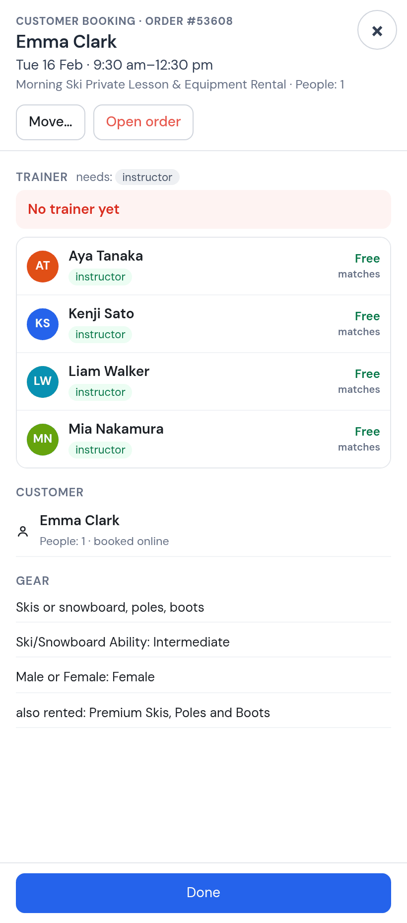 Week sheet for Emma Clark, Tuesday 16 February 9:30 am to 12:30 pm, Morning Ski Private Lesson and Equipment Rental, buttons Move and Open order, Trainer needs instructor, No trainer yet, and the list Aya Tanaka, Kenji Sato, Liam Walker, Mia Nakamura each marked Free and matches