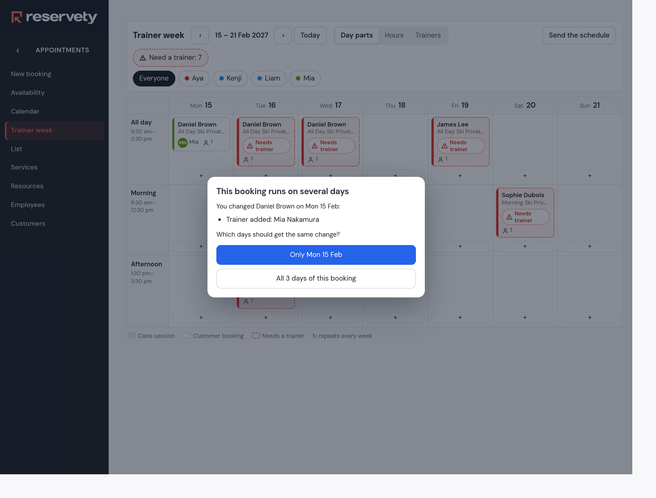 Dialog This booking runs on several days: You changed Daniel Brown on Mon 15 Feb, Trainer added Mia Nakamura, Which days should get the same change, with the buttons Only Mon 15 Feb and All 3 days of this booking