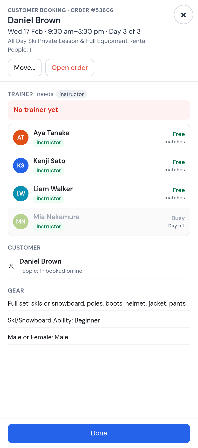 Week sheet for Daniel Brown on Wednesday 17 February, Day 3 of 3, No trainer yet, Aya, Kenji and Liam marked Free and matches, Mia Nakamura greyed out and marked Busy, Day off