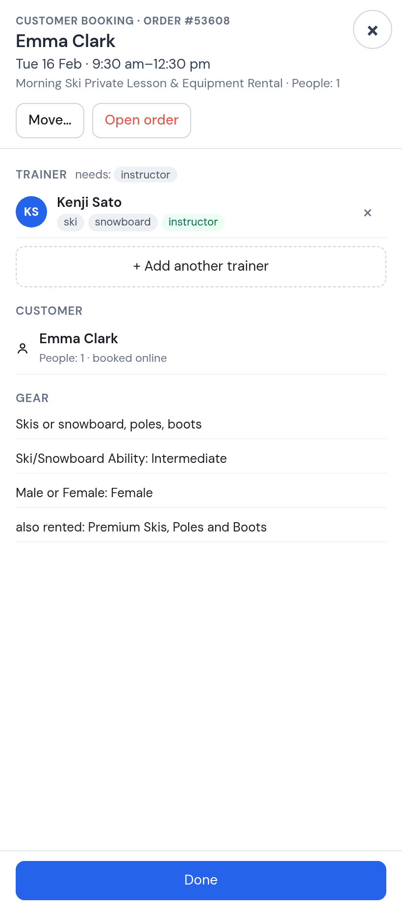 Week sheet for Emma Clark with Kenji Sato assigned and the Gear block: Skis or snowboard, poles, boots; Ski/Snowboard Ability Intermediate; Male or Female Female; also rented Premium Skis, Poles and Boots