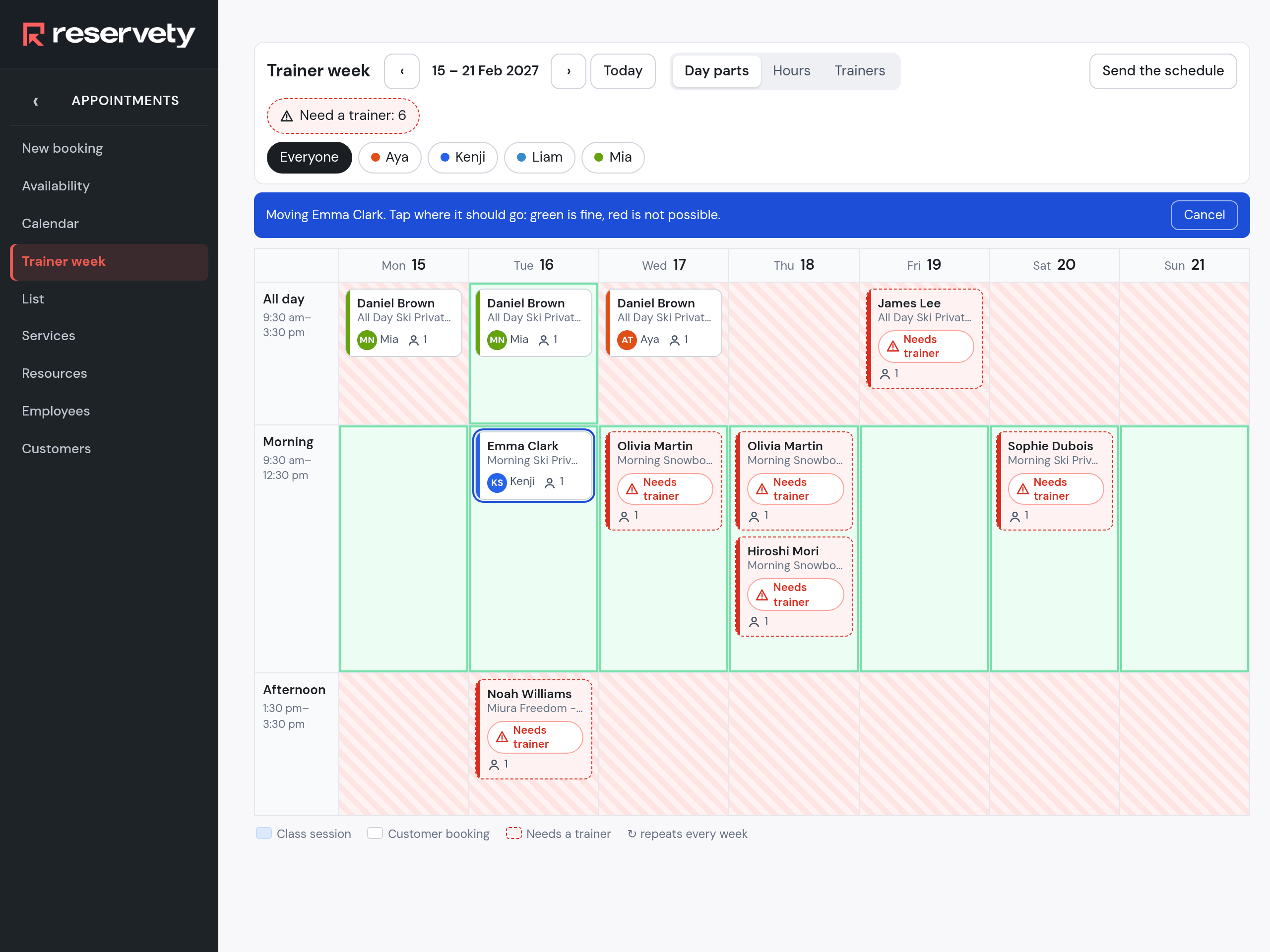 Trainer week in move mode after pressing Move on Emma Clark's sheet: a bar reads Moving Emma Clark, tap where it should go, green is fine, red is not possible, with a Cancel button, and the Morning row cells are coloured