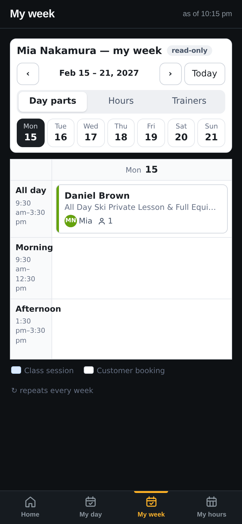 My week screen for Mia Nakamura, Feb 15 to 21 2027, marked read-only, with the day strip Mon 15 to Sun 21, Monday selected, and Daniel Brown's All Day Ski lesson in the All day row with MN Mia