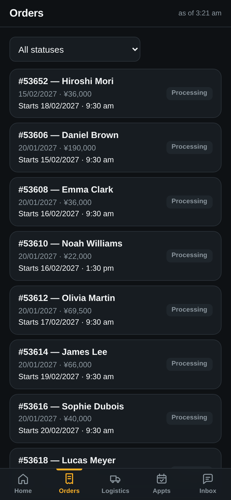 Orders screen of the owner's app listing orders 53652 Hiroshi Mori, 53618 Lucas Meyer cancelled, 53606 Daniel Brown, 53608 Emma Clark, 53610 Noah Williams, 53612 Olivia Martin, 53614 James Lee and 53616 Sophie Dubois, each with its start date and time