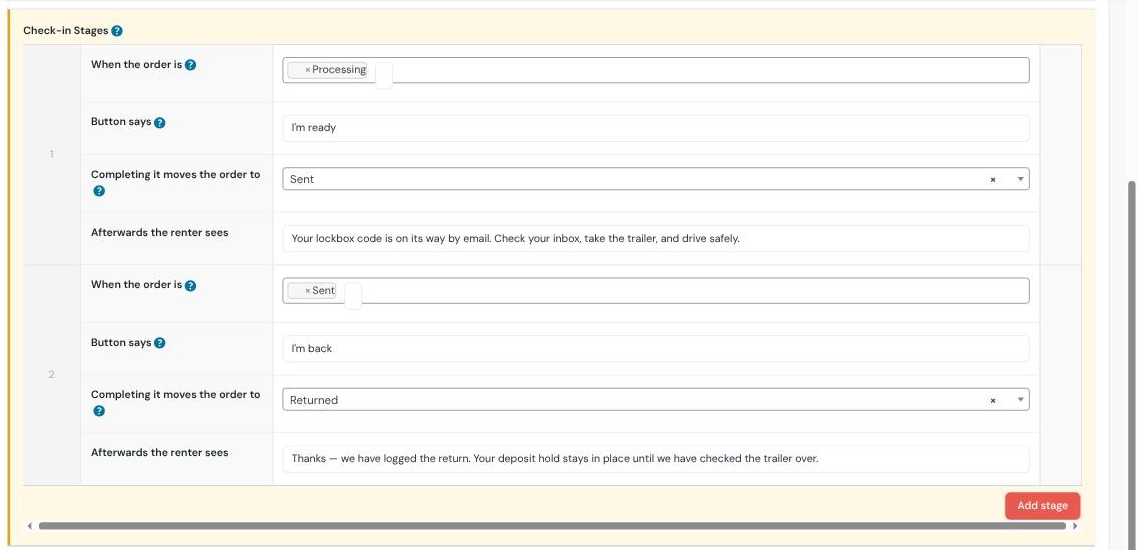 Check-in Stages repeater with two rows: Processing to Sent labelled I'm ready, and Sent to Returned labelled I'm back, each with a message to the renter