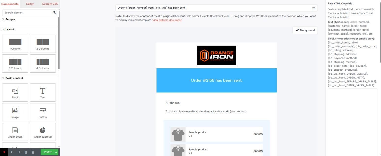 Email template editor showing the Order has been sent template with a line reading To unlock please use this code and the manual access code merge tag