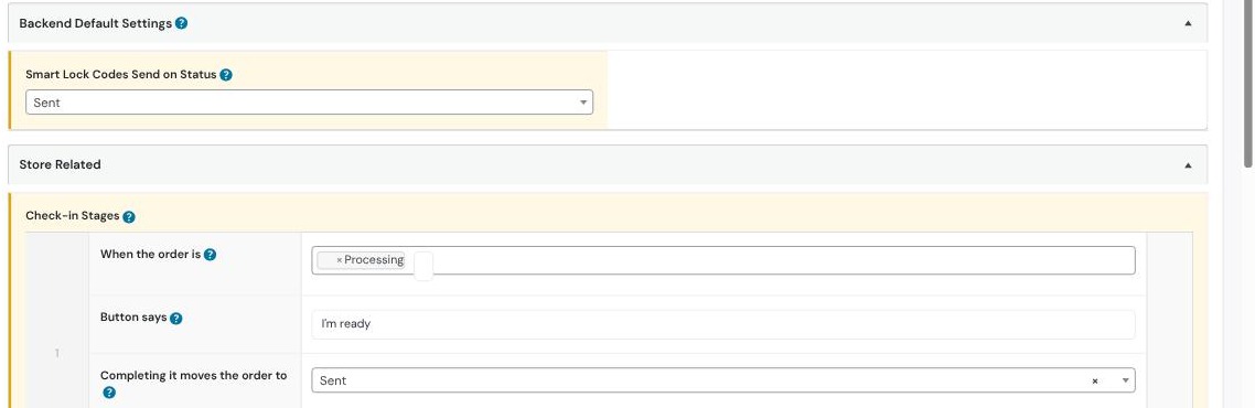 Settings showing Smart Lock Codes Send on Status set to Sent directly above the Check-in Stages row that promotes to Sent