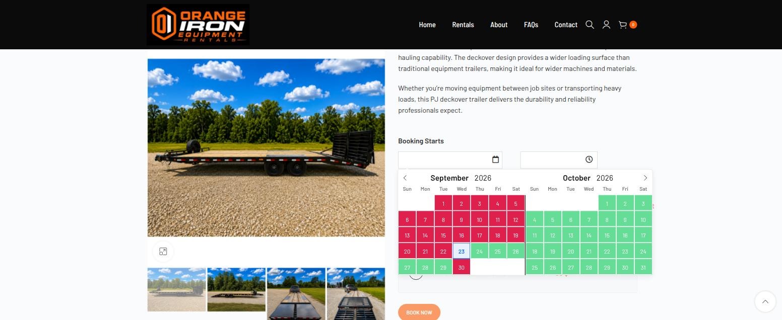 Trailer product page with a two month availability calendar, red for unavailable days and green for free days