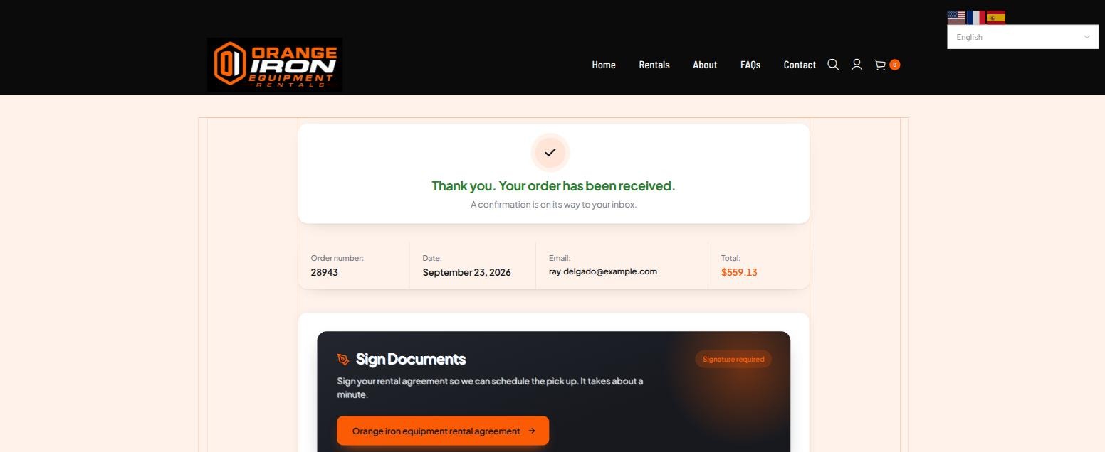 Order received page for order 28943 showing the total and a Sign Documents panel marked signature required