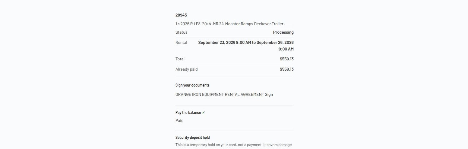 Yard screen showing order 28943 status Processing, paid in full, with an unsigned rental agreement and a security deposit hold step