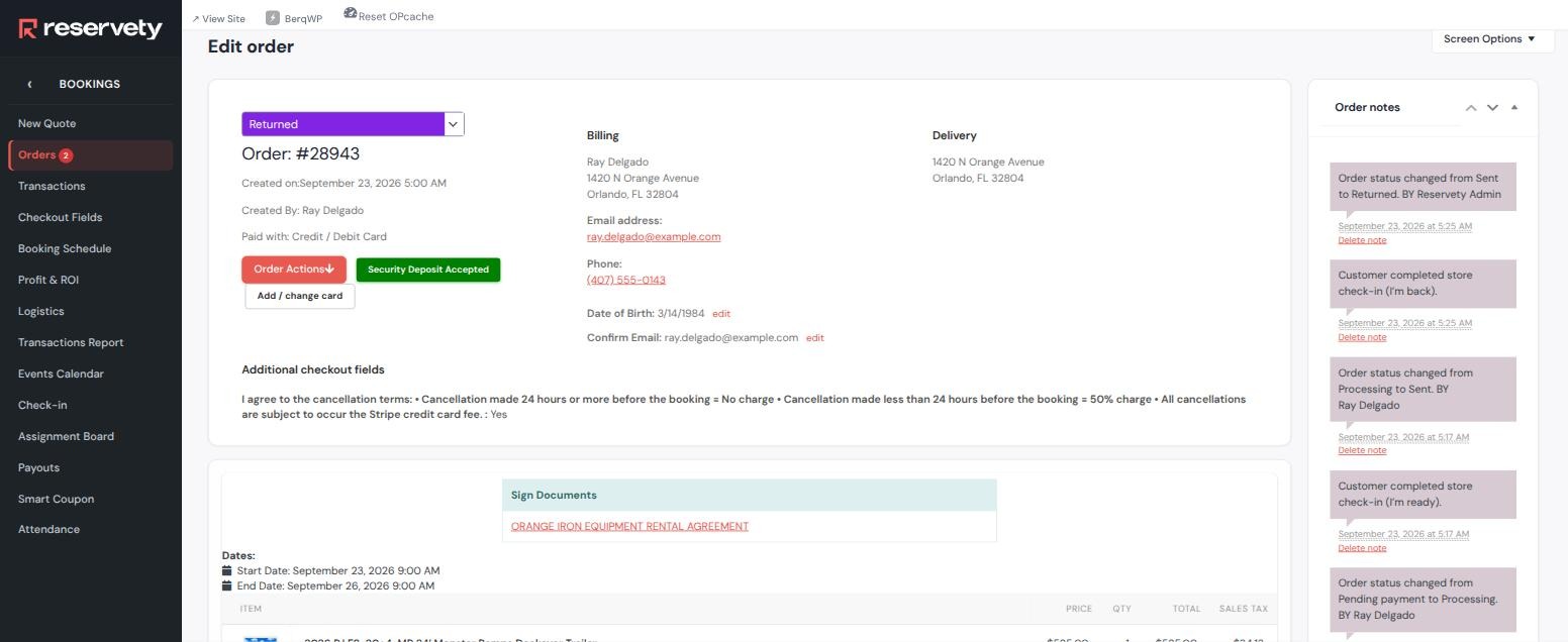 Order 28943 in Returned status with a Security Deposit Accepted badge and order notes recording both check-in presses and both status changes