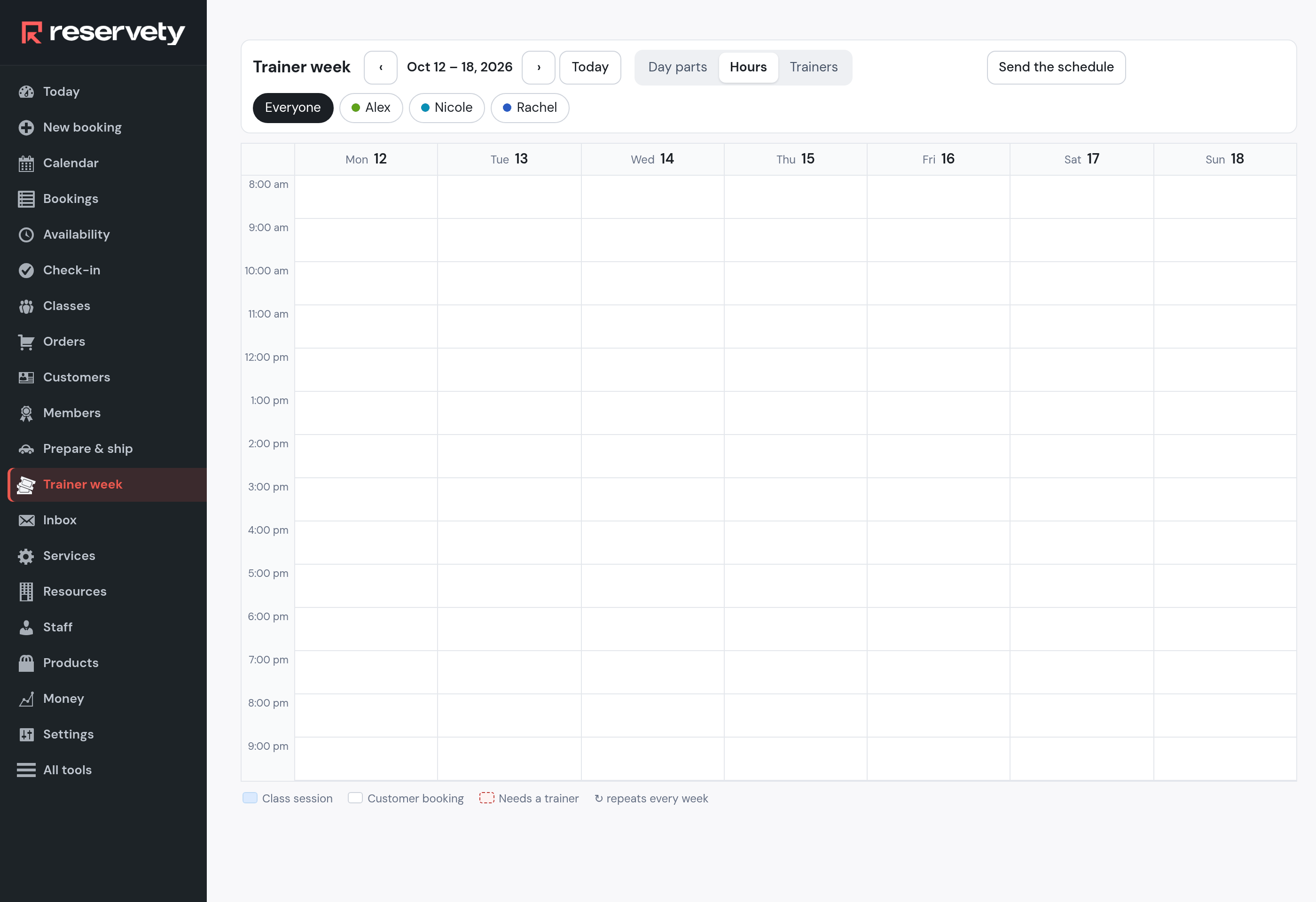 Trainer week for October 12 to 18, 2026 on the Hours view, empty: hours from 8:00 am to 9:00 pm in rows, Monday to Sunday in columns, filters Everyone, Alex, Nicole, Rachel and the Send the schedule button