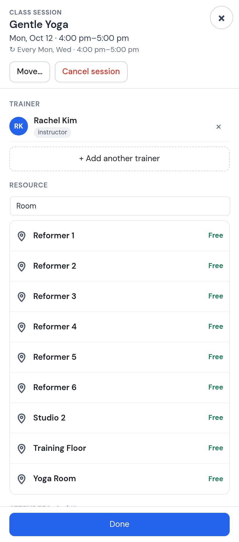 Class session panel of Gentle Yoga, Monday October 12, 4:00 to 5:00 pm: trainer Rachel Kim, resource search Room listing Reformer 1 to 6, Studio 2, Training Floor and Yoga Room, all Free