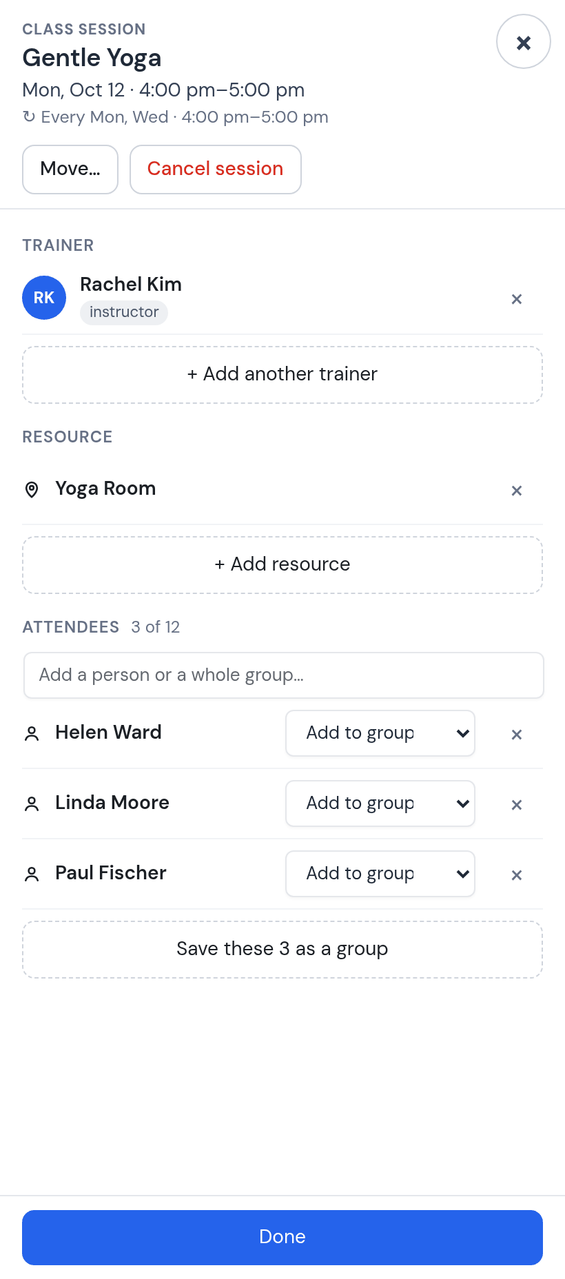 Session panel with the Yoga Room attached and attendees Helen Ward, Linda Moore, Paul Fischer, 3 of 12, and Save these 3 as a group