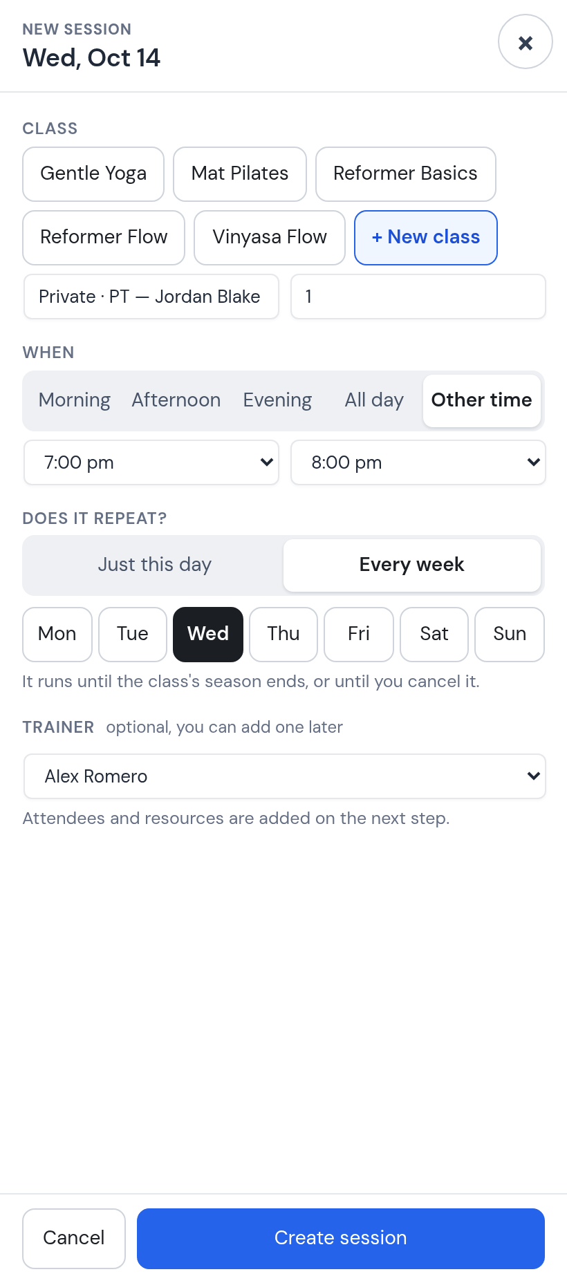 New session dialog for Wednesday October 14: new class Private · PT — Jordan Blake, 1 place, 7:00 to 8:00 pm, Every week on Wednesday, trainer Alex Romero